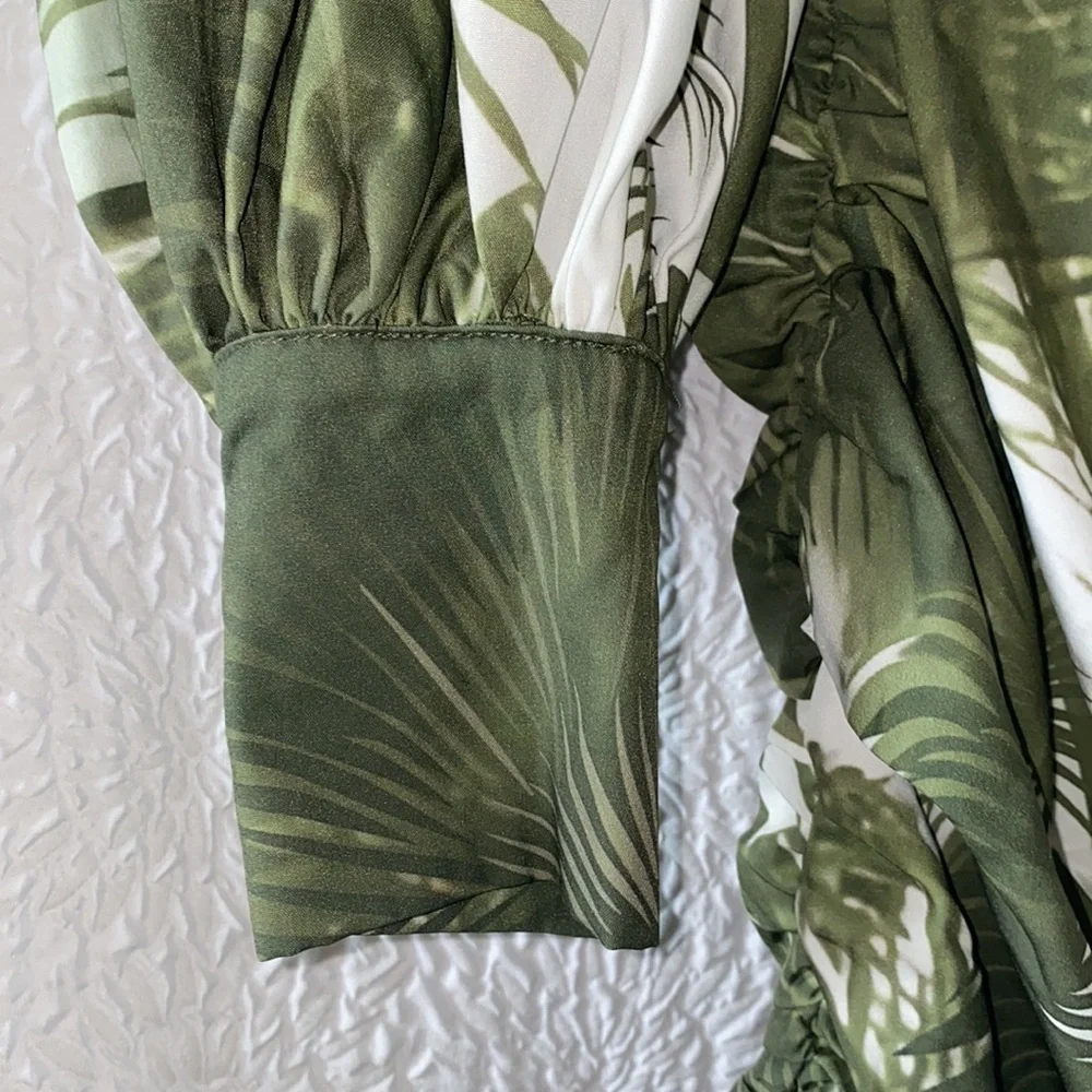 L'ATISTE By Amy Palm Branch Long Lantern Sleeve Ruched Mini Dress - Picture 8 of 11